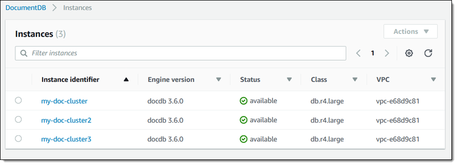 screenshot of Amazon DocumentDB